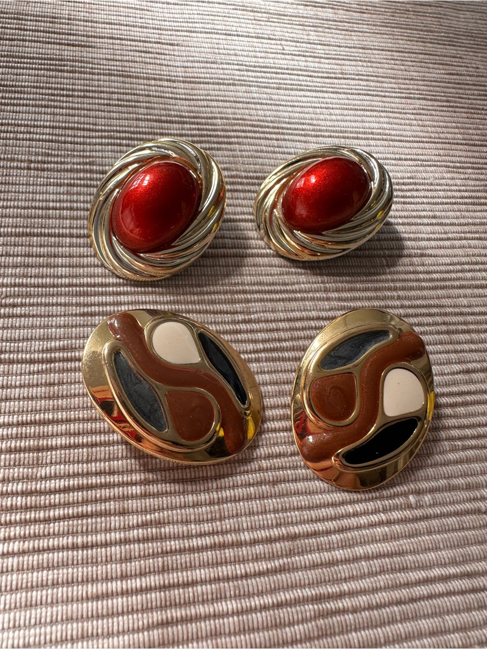 2 PAIRS VINTAGE Gold-Tone & Red Oval Clip-On Earrings Set